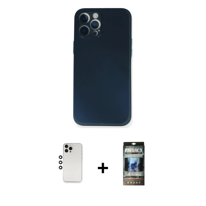 MARSİLYAN™- iPhone 12 Pro Kılıf Yadigar Yansıma Serisi - Siyah 34D Hayalet Izgaralı Cam + Shine Kamera Lens - GS