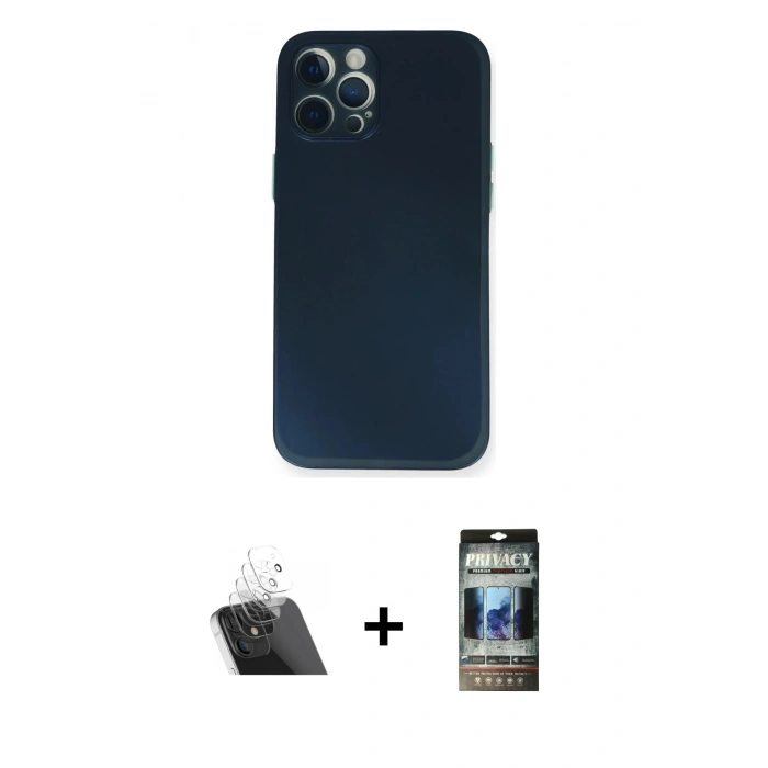 MARSİLYAN™- iPhone 12 Pro Kılıf Yadigar Yansıma Serisi - Siyah 34D Hayalet Izgaralı Cam + Kamera Lens Koruma Cam - SF