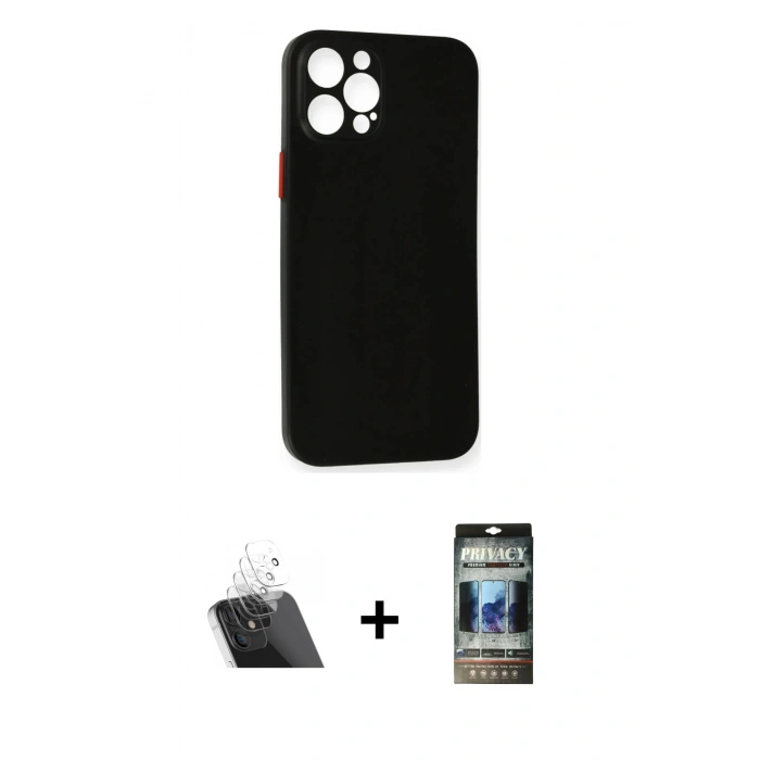 MARSİLYAN™- iPhone 12 Pro Kılıf Yadigar Yansıma Serisi - Siyah 34D Hayalet Izgaralı Cam + Kamera Lens Koruma Cam - SF