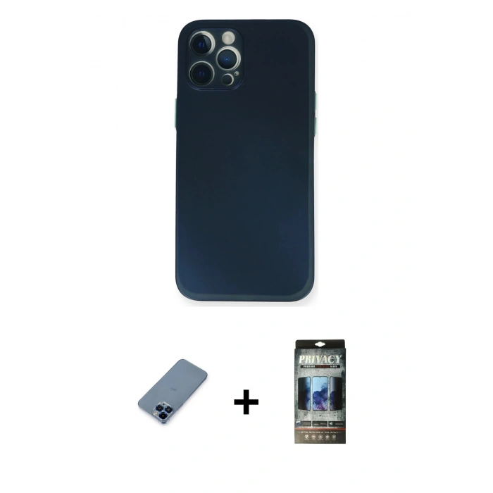 MARSİLYAN™- iPhone 12 Pro Kılıf Yadigar Yansıma Serisi - Siyah 34D Hayalet Izgaralı Cam + Metal Kamera Lens Koruma Cam - MI