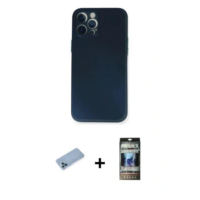 MARSİLYAN™- iPhone 12 Pro Kılıf Yadigar Yansıma Serisi - Siyah 34D Hayalet Izgaralı Cam + Shine Kamera Lens Koruma Cam - MI