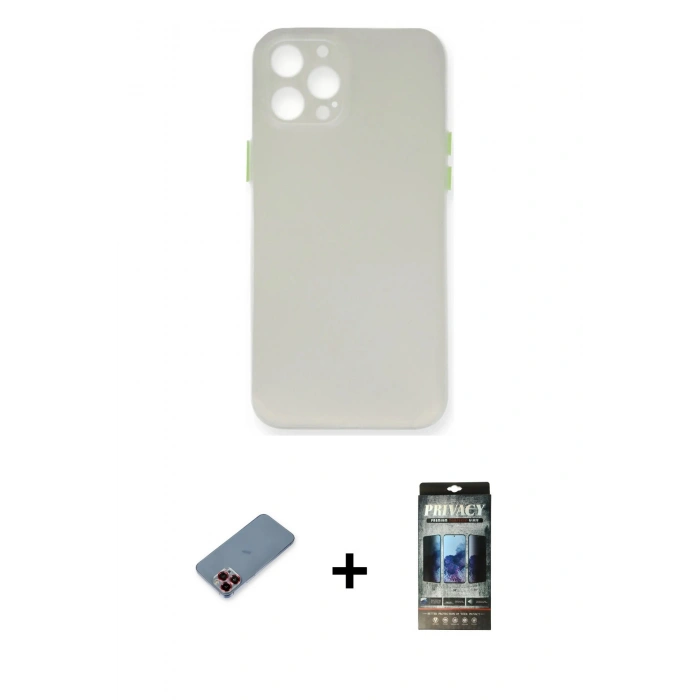 MARSİLYAN™- iPhone 12 Pro Kılıf Yadigar Yansıma Serisi - Siyah 34D Hayalet Izgaralı Cam + Metal Kamera Lens Koruma Cam - KI