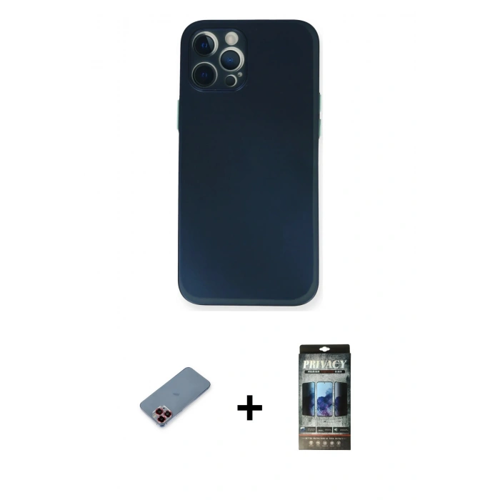 MARSİLYAN™- iPhone 12 Pro Kılıf Yadigar Yansıma Serisi - Siyah 34D Hayalet Izgaralı Cam + Metal Kamera Lens Koruma Cam - KI