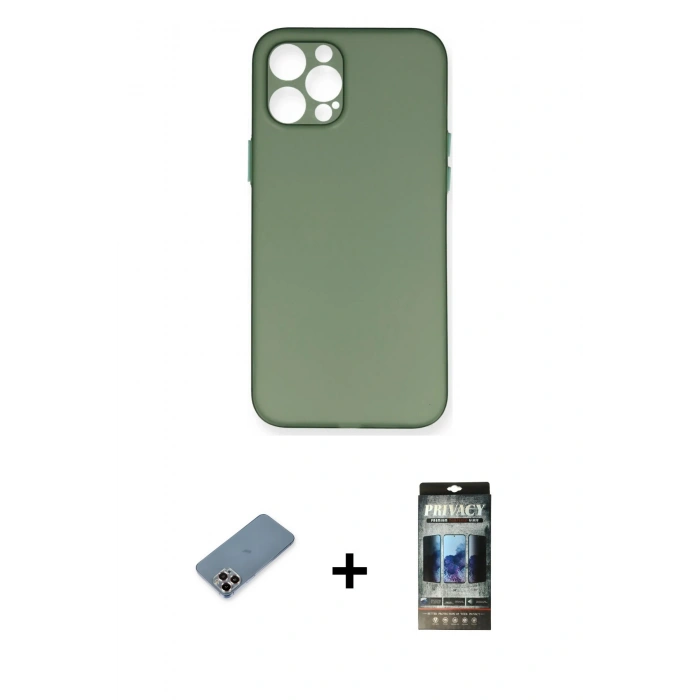 MARSİLYAN™- iPhone 12 Pro Kılıf Yadigar Yansıma Serisi - Siyah 34D Hayalet Izgaralı Cam + Metal Kamera Lens Koruma Cam - MR