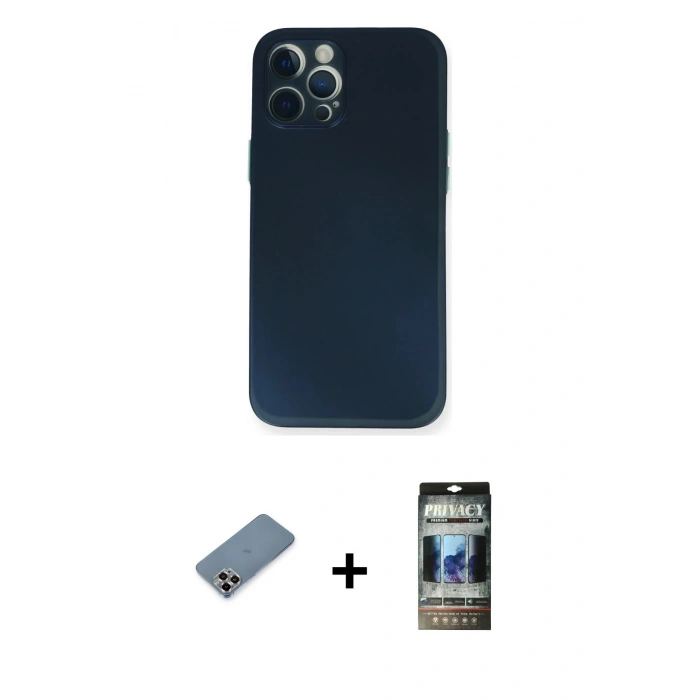 MARSİLYAN™- iPhone 12 Pro Kılıf Yadigar Yansıma Serisi - Siyah 34D Hayalet Izgaralı Cam + Metal Kamera Lens Koruma Cam - MR