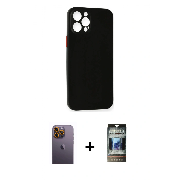 MARSİLYAN™- iPhone 12 Pro Kılıf Yadigar Yansıma Serisi - Siyah 34D Hayalet Izgaralı Cam + Neon Fosforlu Kamera Lens - SI