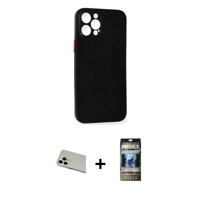 MARSİLYAN™- iPhone 12 Pro Kılıf Yadigar Yansıma Serisi - Siyah 34D Hayalet Izgaralı Cam + Rainbow Kamera Lens Koruma Cam - GD