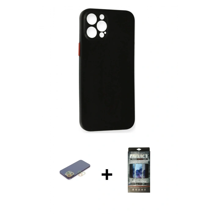 MARSİLYAN™- iPhone 12 Pro Kılıf Yadigar Yansıma Serisi - Siyah 34D Hayalet Izgaralı Cam + Renkli Kamera Lens Koruma Cam - SI