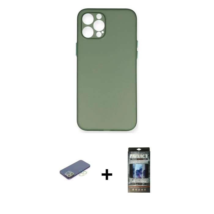 MARSİLYAN™- iPhone 12 Pro Kılıf Yadigar Yansıma Serisi - Siyah 34D Hayalet Izgaralı Cam + Renkli Kamera Lens Koruma Cam - YL