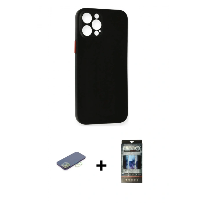 MARSİLYAN™- iPhone 12 Pro Kılıf Yadigar Yansıma Serisi - Siyah 34D Hayalet Izgaralı Cam + Renkli Kamera Lens Koruma Cam - YL