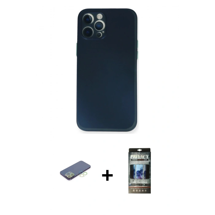 MARSİLYAN™- iPhone 12 Pro Kılıf Yadigar Yansıma Serisi - Siyah 34D Hayalet Izgaralı Cam + Renkli Kamera Lens Koruma Cam - YL