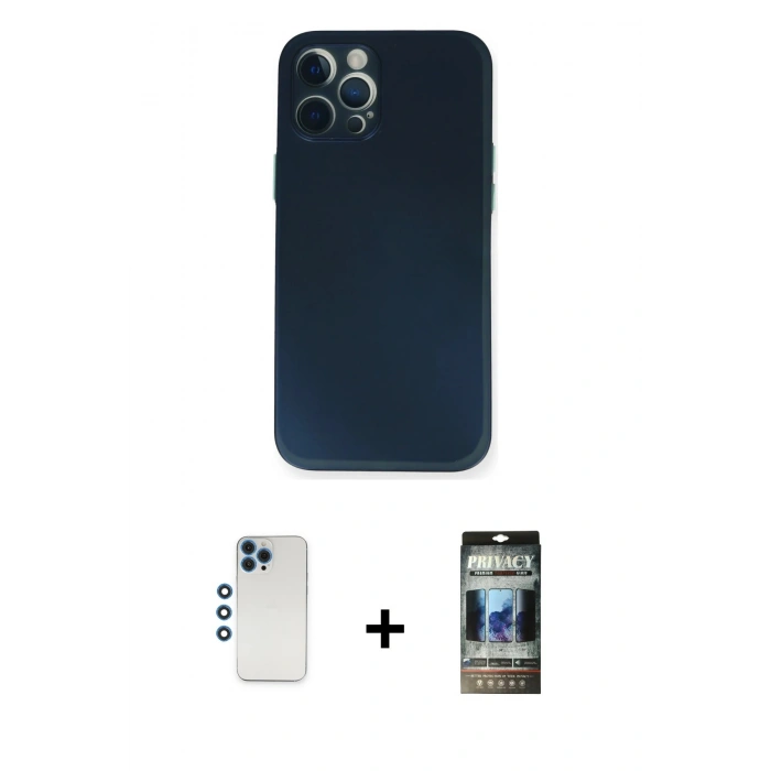MARSİLYAN™- iPhone 12 Pro Kılıf Yadigar Yansıma Serisi - Siyah 34D Hayalet Izgaralı Cam + Shine Kamera Lens - MI