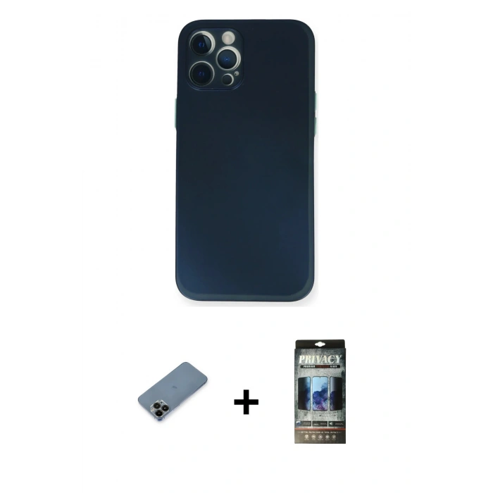 MARSİLYAN™- iPhone 12 Pro Kılıf Yadigar Yansıma Serisi - Siyah 34D Hayalet Izgaralı Cam + Shine Kamera Lens Koruma Cam - SH