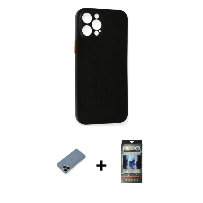 MARSİLYAN™- iPhone 12 Pro Kılıf Yadigar Yansıma Serisi - Siyah 34D Hayalet Izgaralı Cam + Shine Kamera Lens Koruma Cam - SH