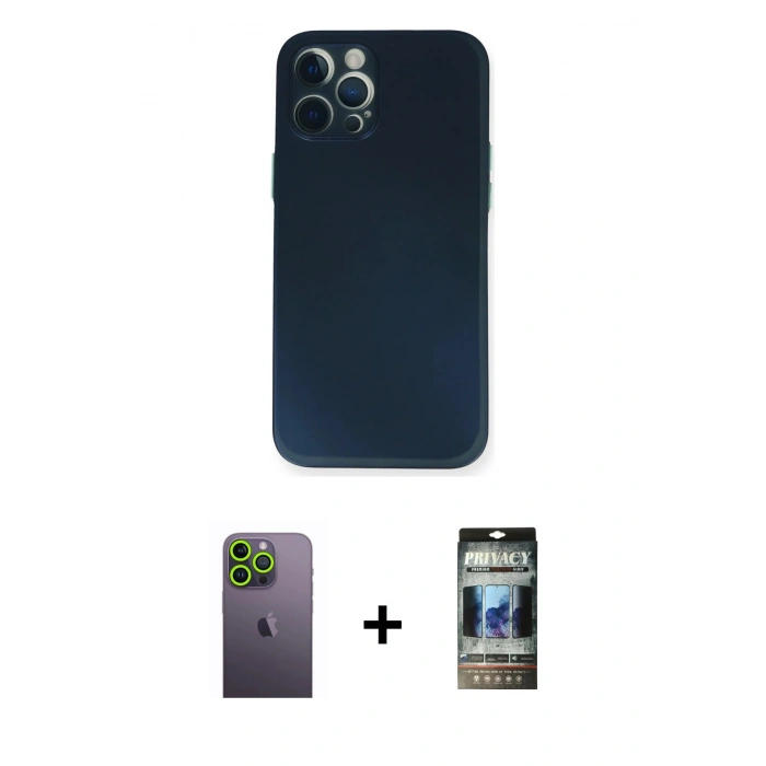 MARSİLYAN™- iPhone 12 Pro Kılıf Yadigar Yansıma Serisi - Siyah 34D Hayalet Izgaralı Cam + Neon Fosforlu Kamera Lens - YL