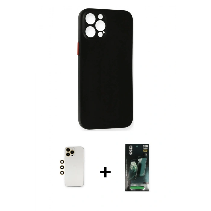 MARSİLYAN™- iPhone 12 Pro Kılıf Yadigar Yansıma Serisi - Siyah 360 Mat Full Body Arka Koruyucu + Shine Kamera Lens - GD
