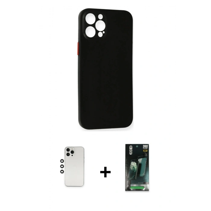 MARSİLYAN™- iPhone 12 Pro Kılıf Yadigar Yansıma Serisi - Siyah 360 Mat Full Body Arka Koruyucu + Shine Kamera Lens - GS