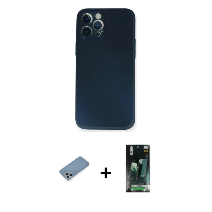 MARSİLYAN™- iPhone 12 Pro Kılıf Yadigar Yansıma Serisi - Siyah 360 Mat Full Body Arka Koruyucu + Shine Kamera Lens Koruma Cam - GS