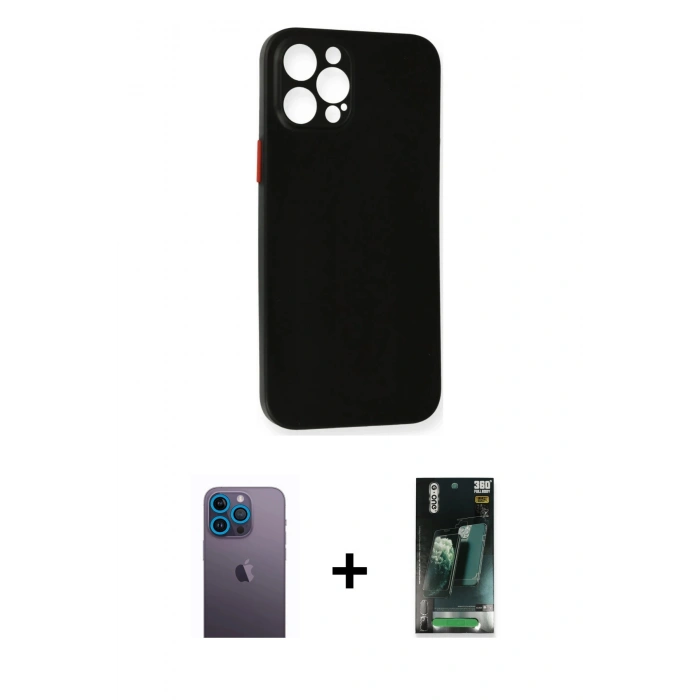 MARSİLYAN™- iPhone 12 Pro Kılıf Yadigar Yansıma Serisi - Siyah 360 Mat Full Body Arka Koruyucu + Neon Fosforlu Kamera Lens - MI