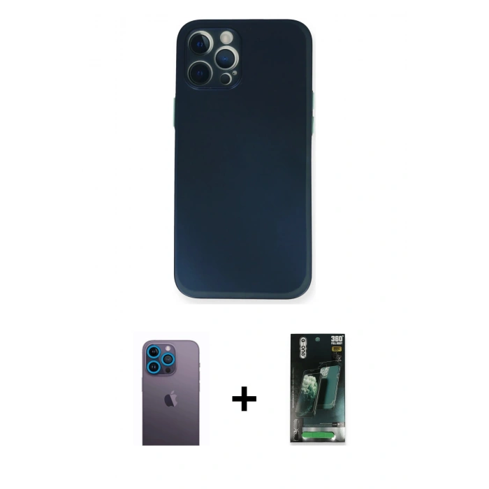 MARSİLYAN™- iPhone 12 Pro Kılıf Yadigar Yansıma Serisi - Siyah 360 Mat Full Body Arka Koruyucu + Neon Fosforlu Kamera Lens - MI