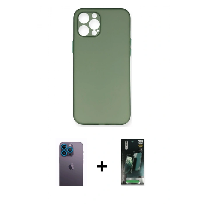 MARSİLYAN™- iPhone 12 Pro Kılıf Yadigar Yansıma Serisi - Siyah 360 Mat Full Body Arka Koruyucu + Neon Fosforlu Kamera Lens - MI