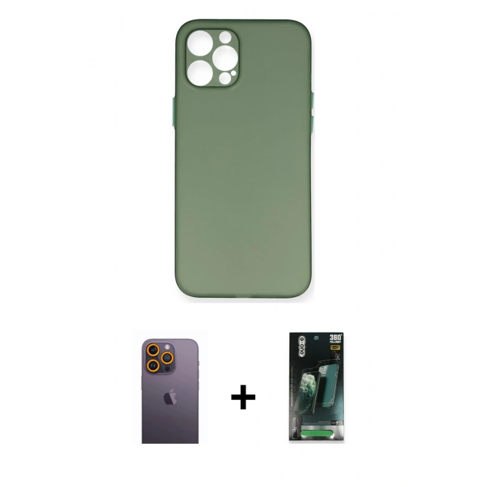 MARSİLYAN™- iPhone 12 Pro Kılıf Yadigar Yansıma Serisi - Siyah 360 Mat Full Body Arka Koruyucu + Neon Fosforlu Kamera Lens - SI