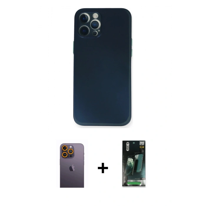 MARSİLYAN™- iPhone 12 Pro Kılıf Yadigar Yansıma Serisi - Siyah 360 Mat Full Body Arka Koruyucu + Neon Fosforlu Kamera Lens - SI