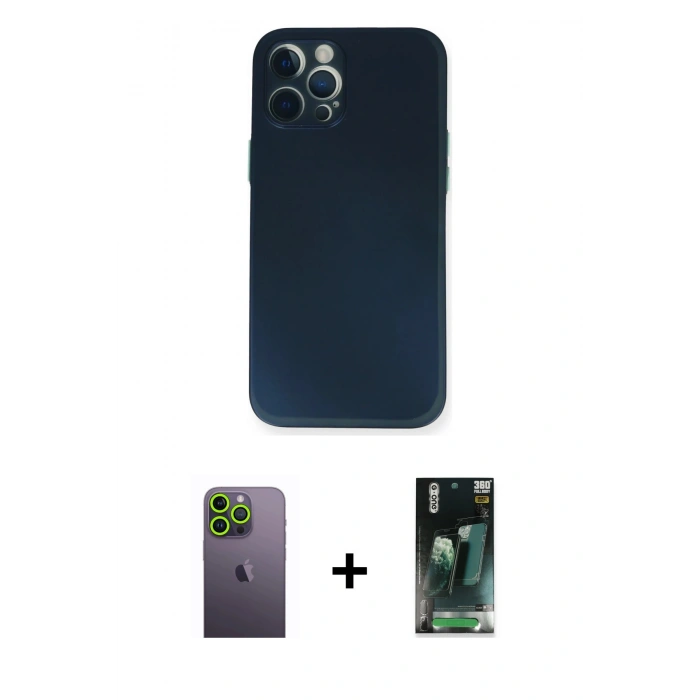 MARSİLYAN™- iPhone 12 Pro Kılıf Yadigar Yansıma Serisi - Siyah 360 Mat Full Body Arka Koruyucu + Neon Fosforlu Kamera Lens - YL