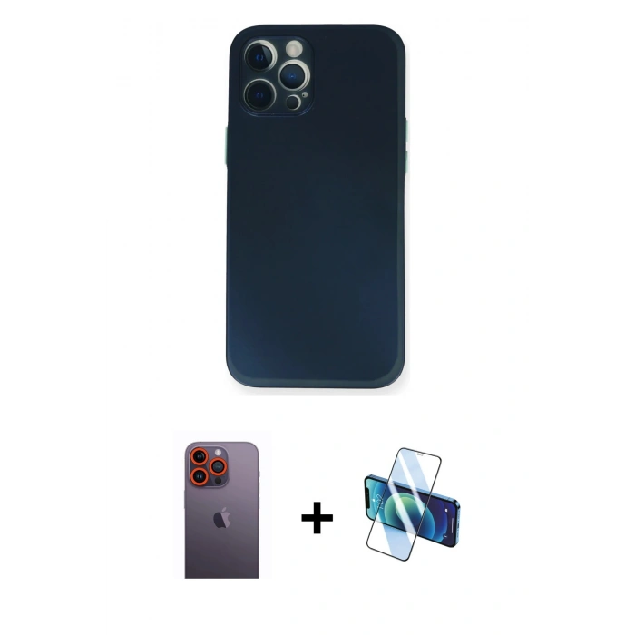 MARSİLYAN™- iPhone 12 Pro Kılıf Yadigar Yansıma Serisi - Siyah 3D Antistatik Cam Ekran Koruyucu + Neon Fosforlu Kamera Lens - TU