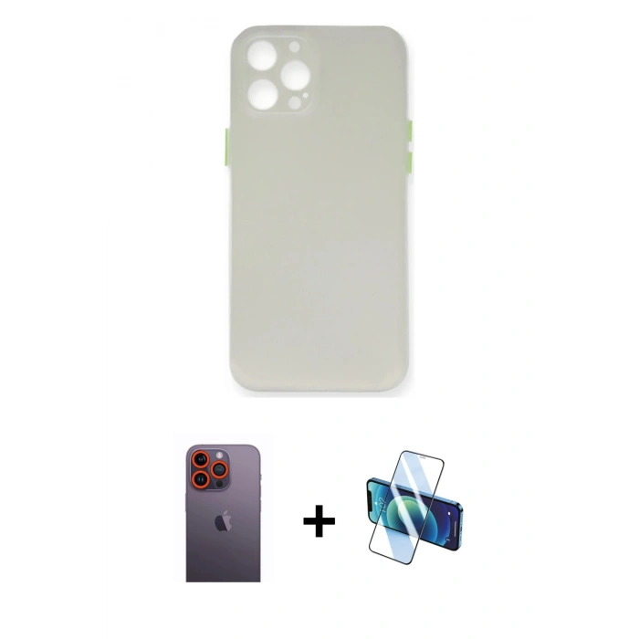 MARSİLYAN™- iPhone 12 Pro Kılıf Yadigar Yansıma Serisi - Siyah 3D Antistatik Cam Ekran Koruyucu + Neon Fosforlu Kamera Lens - TU