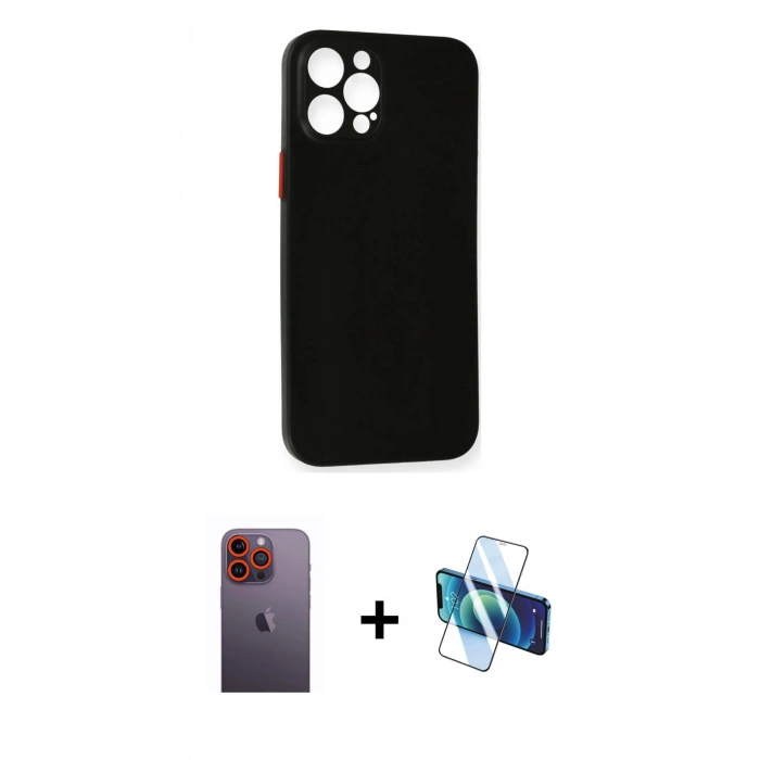 MARSİLYAN™- iPhone 12 Pro Kılıf Yadigar Yansıma Serisi - Siyah 3D Antistatik Cam Ekran Koruyucu + Neon Fosforlu Kamera Lens - TU