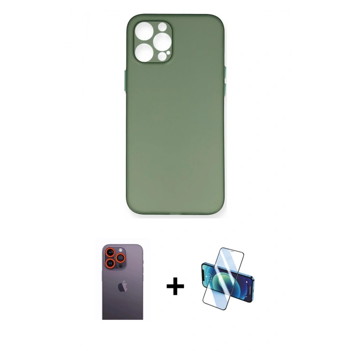 MARSİLYAN™- iPhone 12 Pro Kılıf Yadigar Yansıma Serisi - Siyah 3D Antistatik Cam Ekran Koruyucu + Neon Fosforlu Kamera Lens - TU