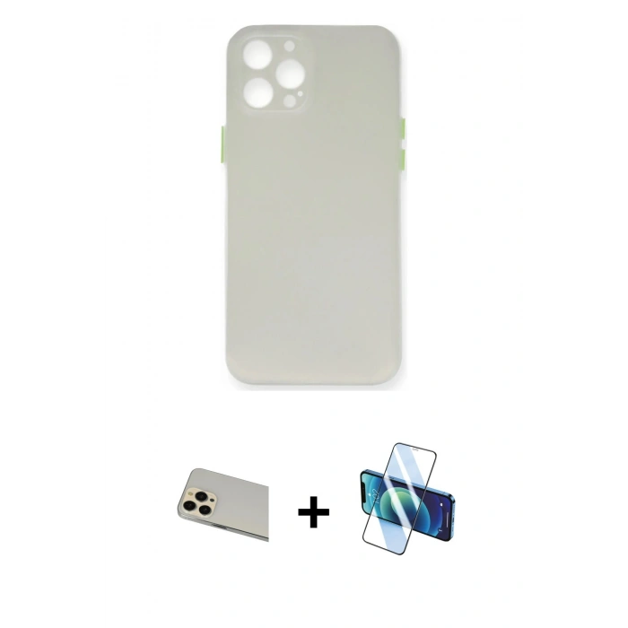 MARSİLYAN™- iPhone 12 Pro Kılıf Yadigar Yansıma Serisi - Siyah 3D Antistatik Cam Ekran Koruyucu + Rainbow Kamera Lens Koruma Cam - GD