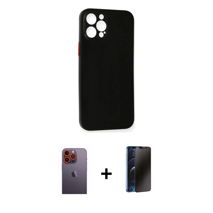 MARSİLYAN™- iPhone 12 Pro Kılıf Yadigar Yansıma Serisi - Siyah 3D Antistatik Hayalet Cam Ekran Koruyucu + Neon Fosforlu Kamera Lens - TU