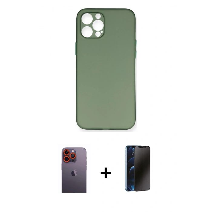 MARSİLYAN™- iPhone 12 Pro Kılıf Yadigar Yansıma Serisi - Siyah 3D Antistatik Hayalet Cam Ekran Koruyucu + Neon Fosforlu Kamera Lens - TU