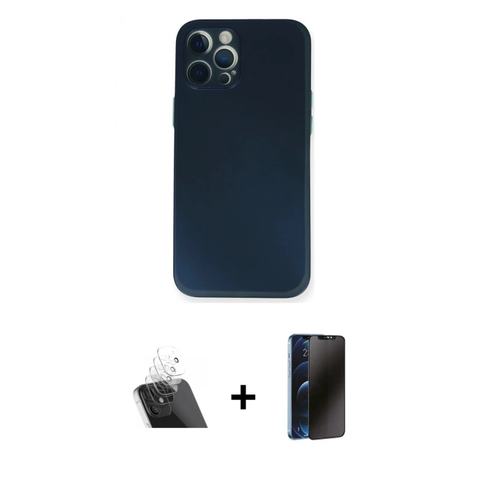 MARSİLYAN™- iPhone 12 Pro Kılıf Yadigar Yansıma Serisi - Siyah 3D Antistatik Hayalet Cam Ekran Koruyucu + Kamera Lens Koruma Cam - SF