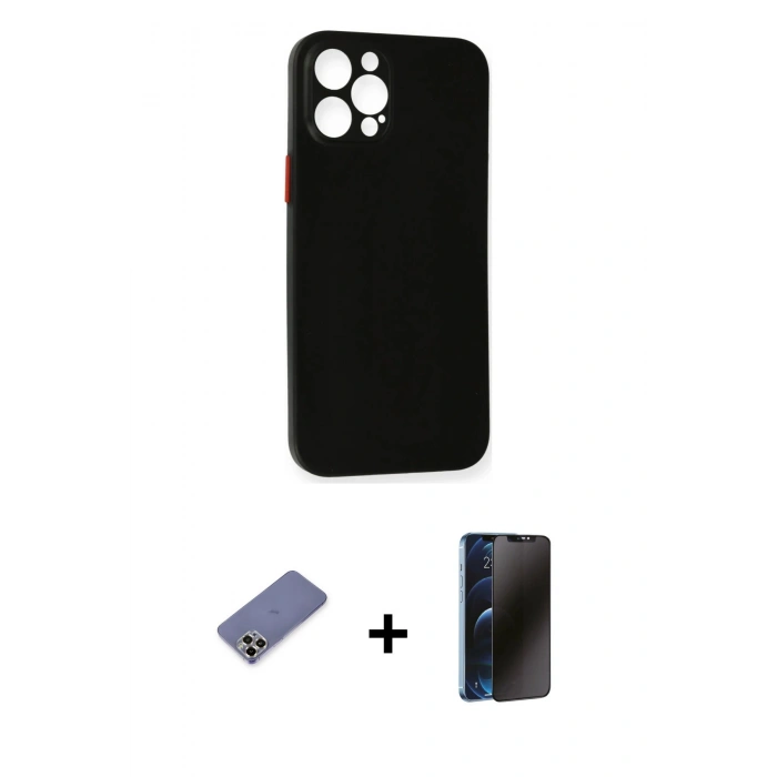 MARSİLYAN™- iPhone 12 Pro Kılıf Yadigar Yansıma Serisi - Siyah 3D Antistatik Hayalet Cam Ekran Koruyucu + Metal Kamera Lens Koruma Cam - GD