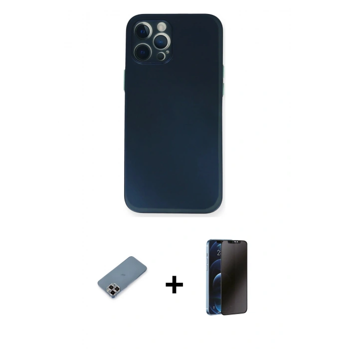 MARSİLYAN™- iPhone 12 Pro Kılıf Yadigar Yansıma Serisi - Siyah 3D Antistatik Hayalet Cam Ekran Koruyucu + Metal Kamera Lens Koruma Cam - MR
