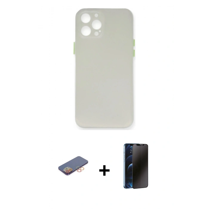 MARSİLYAN™- iPhone 12 Pro Kılıf Yadigar Yansıma Serisi - Siyah 3D Antistatik Hayalet Cam Ekran Koruyucu + Renkli Kamera Lens Koruma Cam - TU