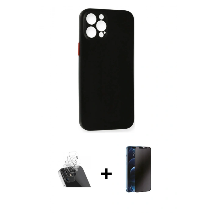 MARSİLYAN™- iPhone 12 Pro Kılıf Yadigar Yansıma Serisi - Siyah 3D Antistatik Hayalet Cam Ekran Koruyucu + Kamera Lens Koruma Cam - SF