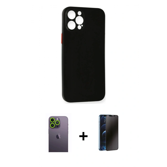 MARSİLYAN™- iPhone 12 Pro Kılıf Yadigar Yansıma Serisi - Siyah 3D Antistatik Hayalet Cam Ekran Koruyucu + Neon Fosforlu Kamera Lens - YL