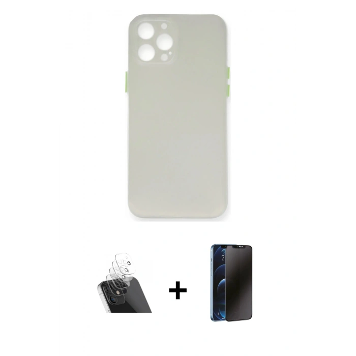MARSİLYAN™- iPhone 12 Pro Kılıf Yadigar Yansıma Serisi - Siyah 3D Antistatik Hayalet Cam Ekran Koruyucu + Kamera Lens Koruma Cam - SF