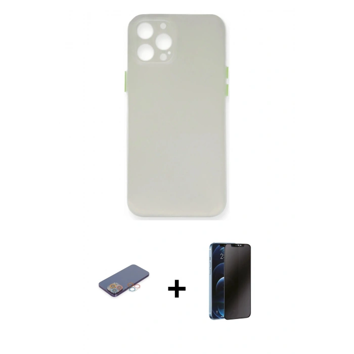 MARSİLYAN™- iPhone 12 Pro Kılıf Yadigar Yansıma Serisi - Siyah 3D Antistatik Hayalet Cam Ekran Koruyucu + Renkli Kamera Lens Koruma Cam - PE