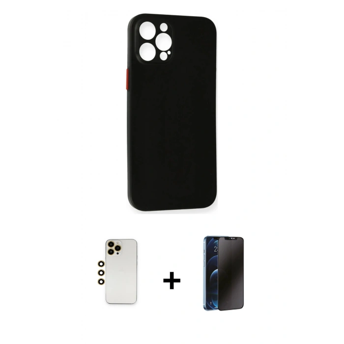 MARSİLYAN™- iPhone 12 Pro Kılıf Yadigar Yansıma Serisi - Siyah 3D Antistatik Hayalet Cam Ekran Koruyucu + Shine Kamera Lens - GD