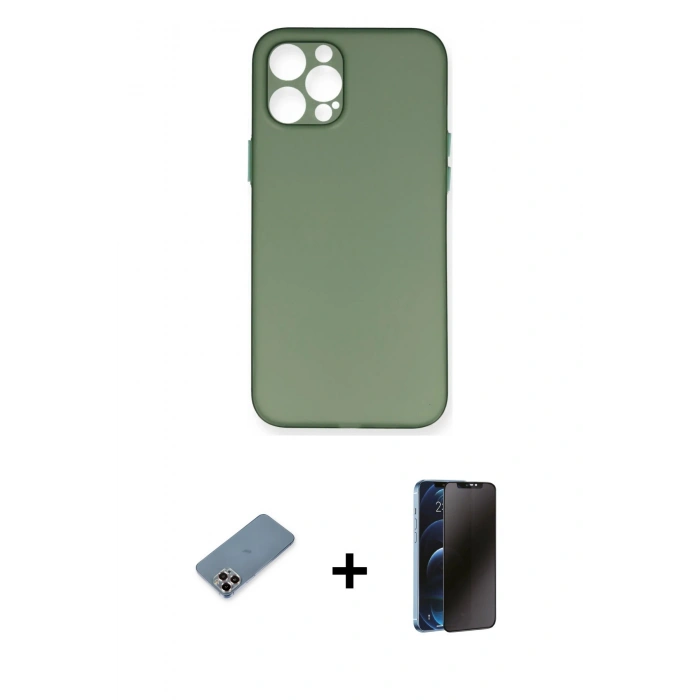 MARSİLYAN™- iPhone 12 Pro Kılıf Yadigar Yansıma Serisi - Siyah 3D Antistatik Hayalet Cam Ekran Koruyucu + Metal Kamera Lens Koruma Cam - MR