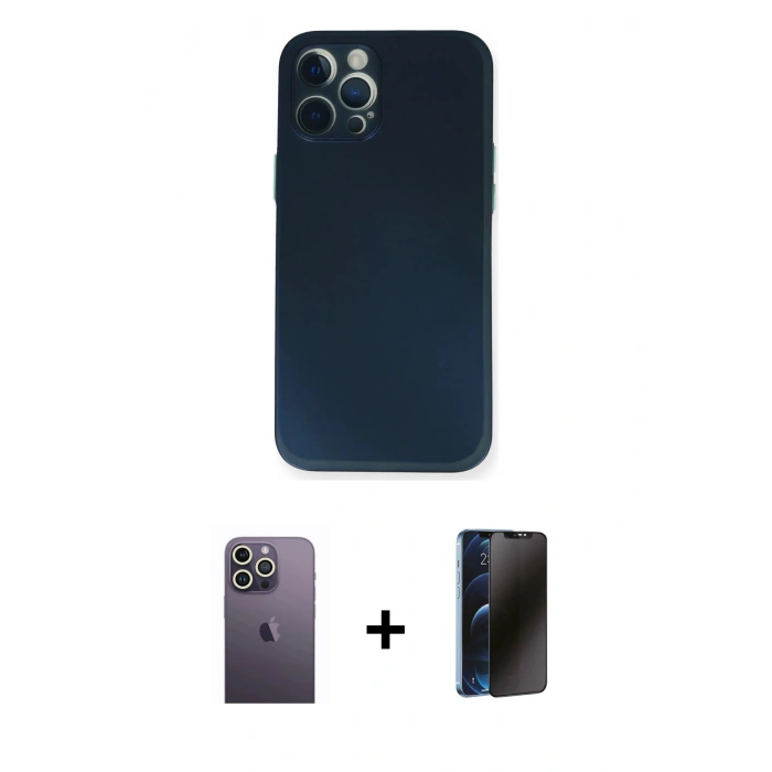 MARSİLYAN™- iPhone 12 Pro Kılıf Yadigar Yansıma Serisi - Siyah 3D Antistatik Hayalet Cam Ekran Koruyucu + Neon Fosforlu Kamera Lens - BZ