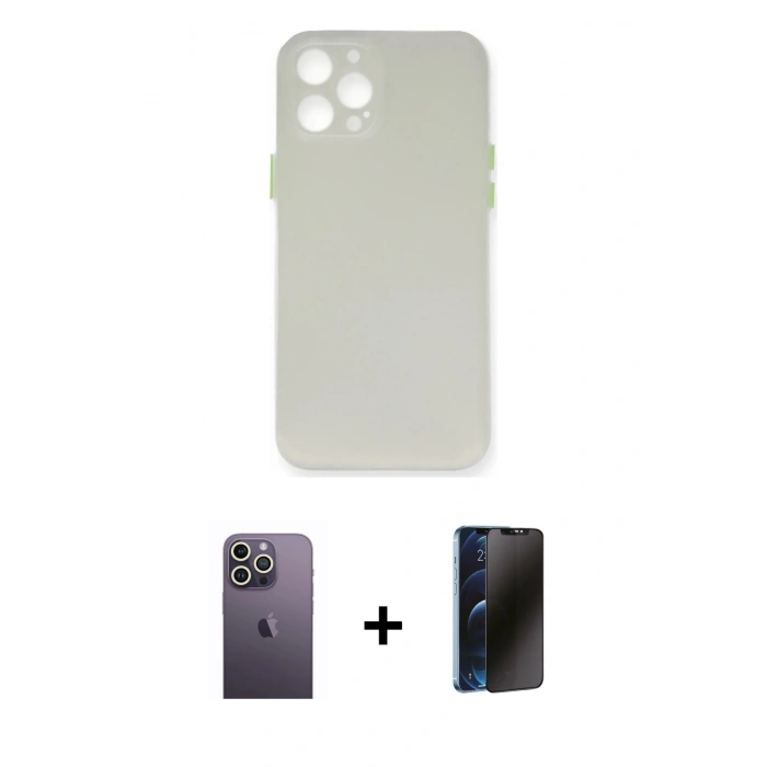 MARSİLYAN™- iPhone 12 Pro Kılıf Yadigar Yansıma Serisi - Siyah 3D Antistatik Hayalet Cam Ekran Koruyucu + Neon Fosforlu Kamera Lens - BZ