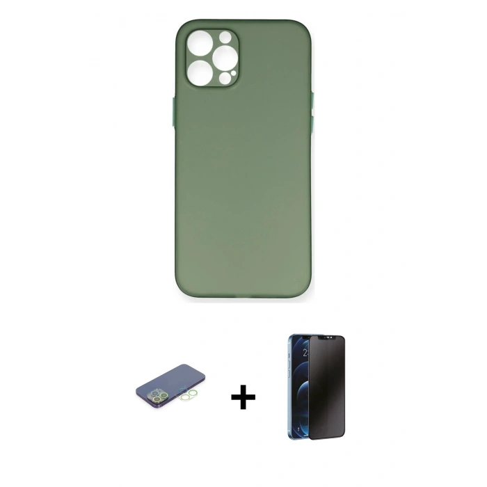 MARSİLYAN™- iPhone 12 Pro Kılıf Yadigar Yansıma Serisi - Siyah 3D Antistatik Hayalet Cam Ekran Koruyucu + Renkli Kamera Lens Koruma Cam - YL