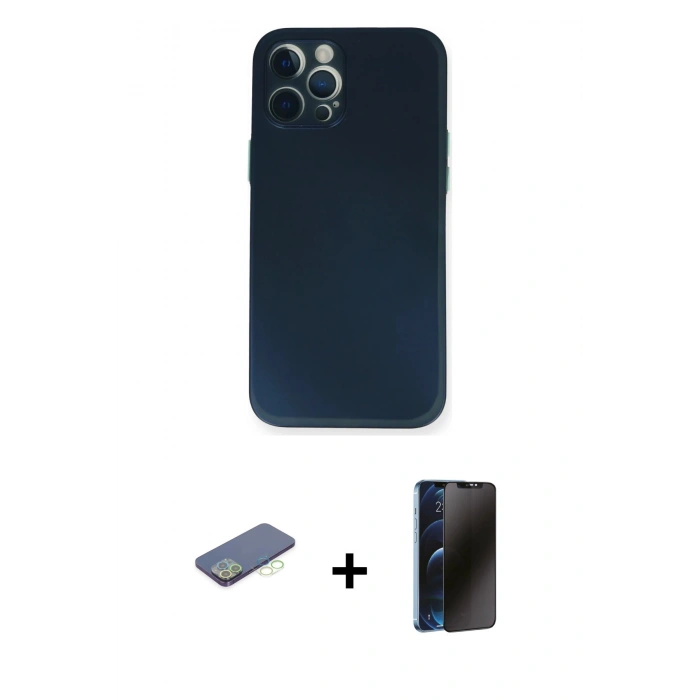 MARSİLYAN™- iPhone 12 Pro Kılıf Yadigar Yansıma Serisi - Siyah 3D Antistatik Hayalet Cam Ekran Koruyucu + Renkli Kamera Lens Koruma Cam - YL
