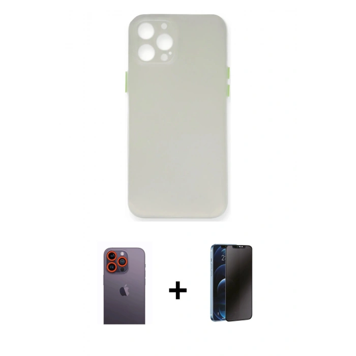 MARSİLYAN™- iPhone 12 Pro Kılıf Yadigar Yansıma Serisi - Siyah 3D Antistatik Hayalet Cam Ekran Koruyucu + Neon Fosforlu Kamera Lens - TU